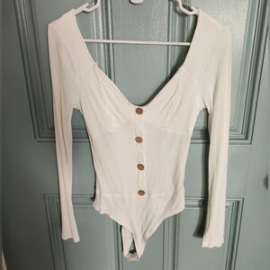 Fashion Nova Cream Ribbed Button-Up Bodysuit